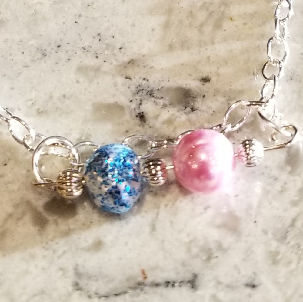 Necklace Rose and Blue Pearls Handmade NEW